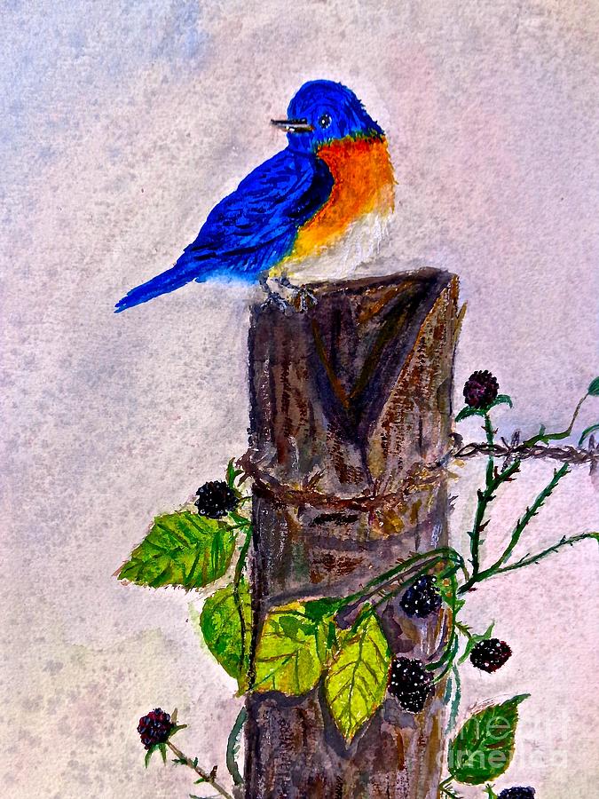 Welcome Spring Little Blue Bird Painting by Saundra Myles