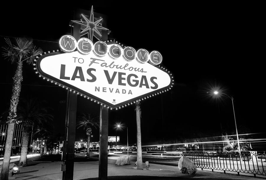 Black And White Photograph - Welcome to Fabulous Las Vegas - Neon Sign in Black and White by Gregory Ballos