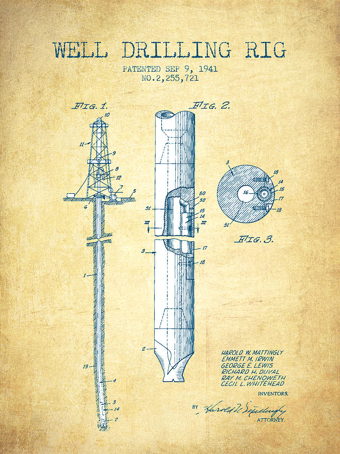 Vintage Drawing - Well drilling rig Patent from 1941 - Vintage Paper by Aged Pixel