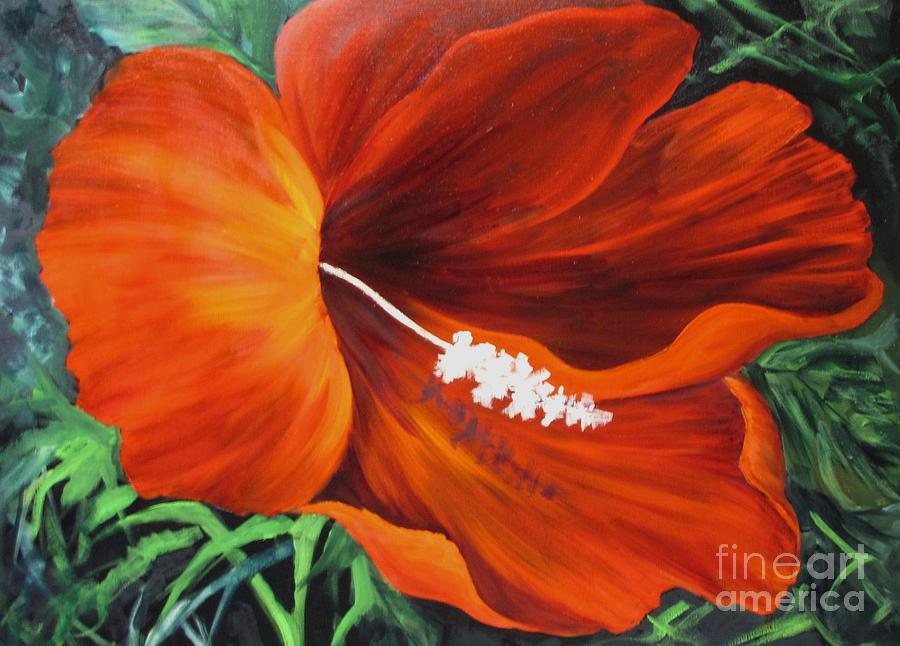 Flowers Still Life Painting - Wendys Red Hibiscus by Barbara Haviland
