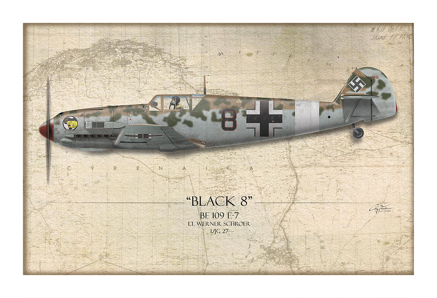 Airplane Painting - Werner Schroer Messerschmitt Bf-109 - Map Background by Craig Tinder