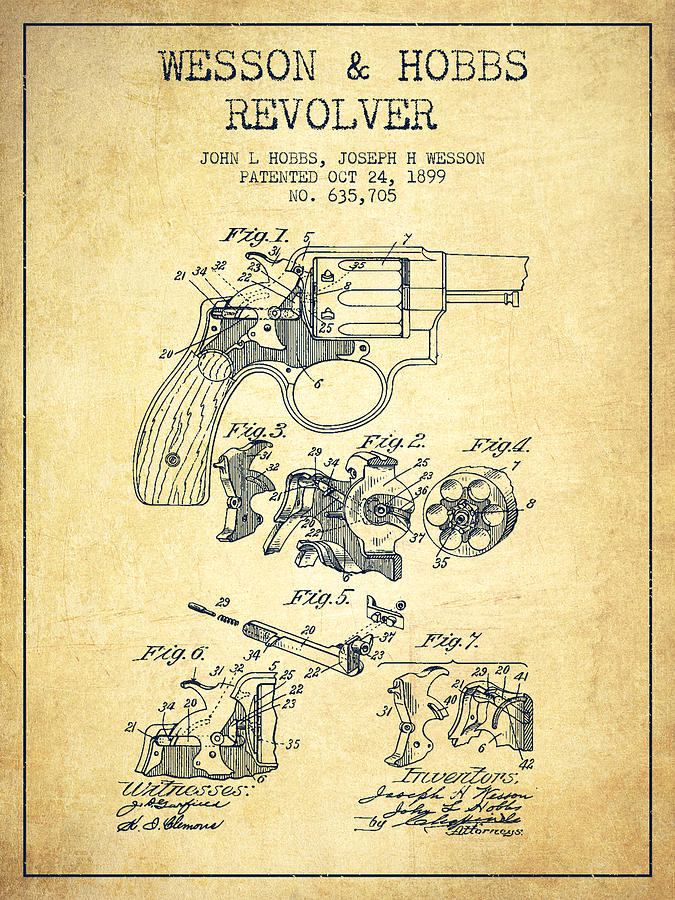 Wesson Hobbs Revolver Patent Drawing From 1899 - Vintage Digital Art
