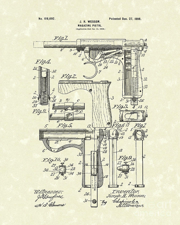 Wesson Pistol 1898 Patent Art Drawing by Prior Art Design