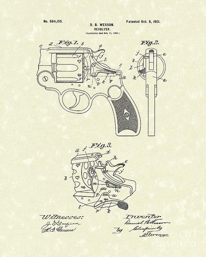Wesson Revolver 1901 Patent Art Drawing by Prior Art Design