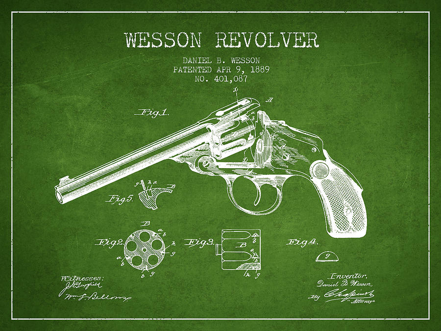Wesson Revolver Patent Drawing From 1889 - Green Digital Art
