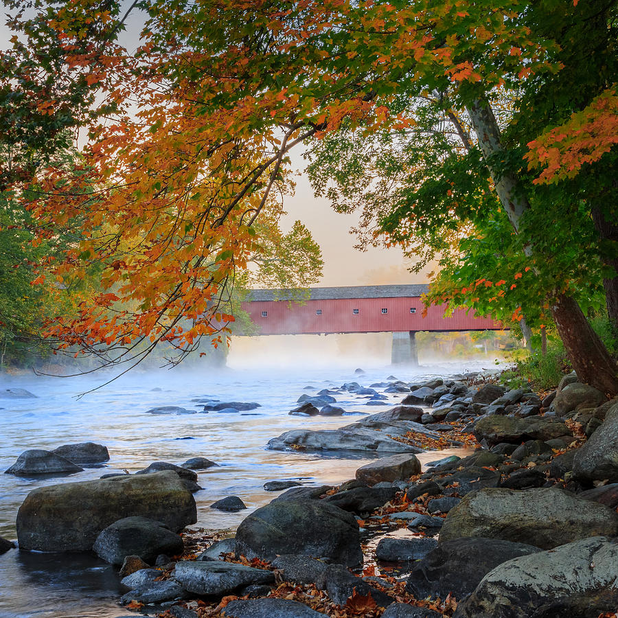 West Cornwall Covered Bridge Autumn Square Photograph by Bill Wakeley