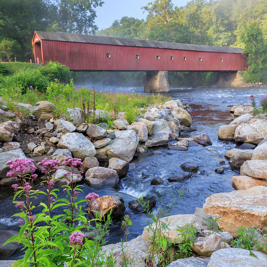Summer Photograph - West Cornwall Covered Bridge Square by Bill Wakeley