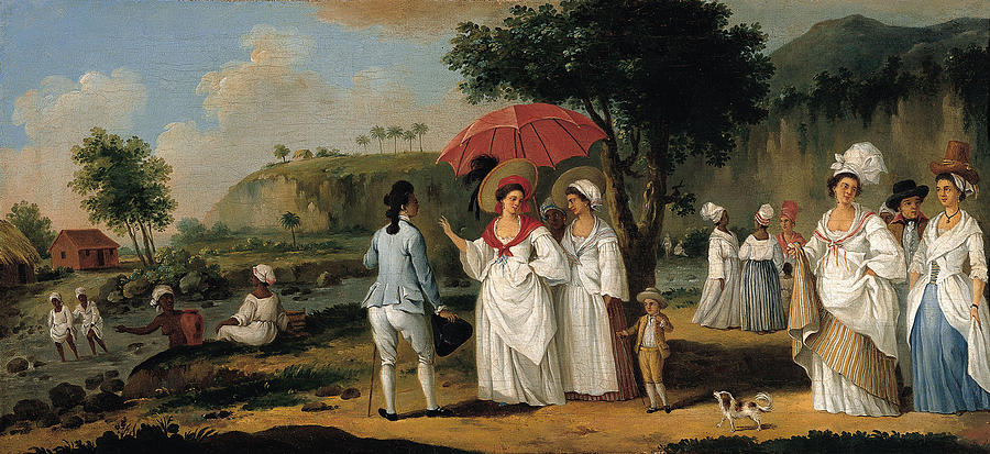 West Indian Landscape with Figures Promenading before a Stream Painting by Agostino Brunias