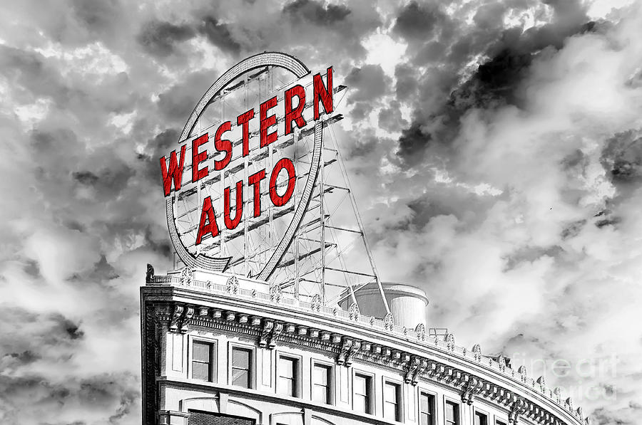 Western Auto Sign Downtown Kansas City B W Photograph by Andee Design