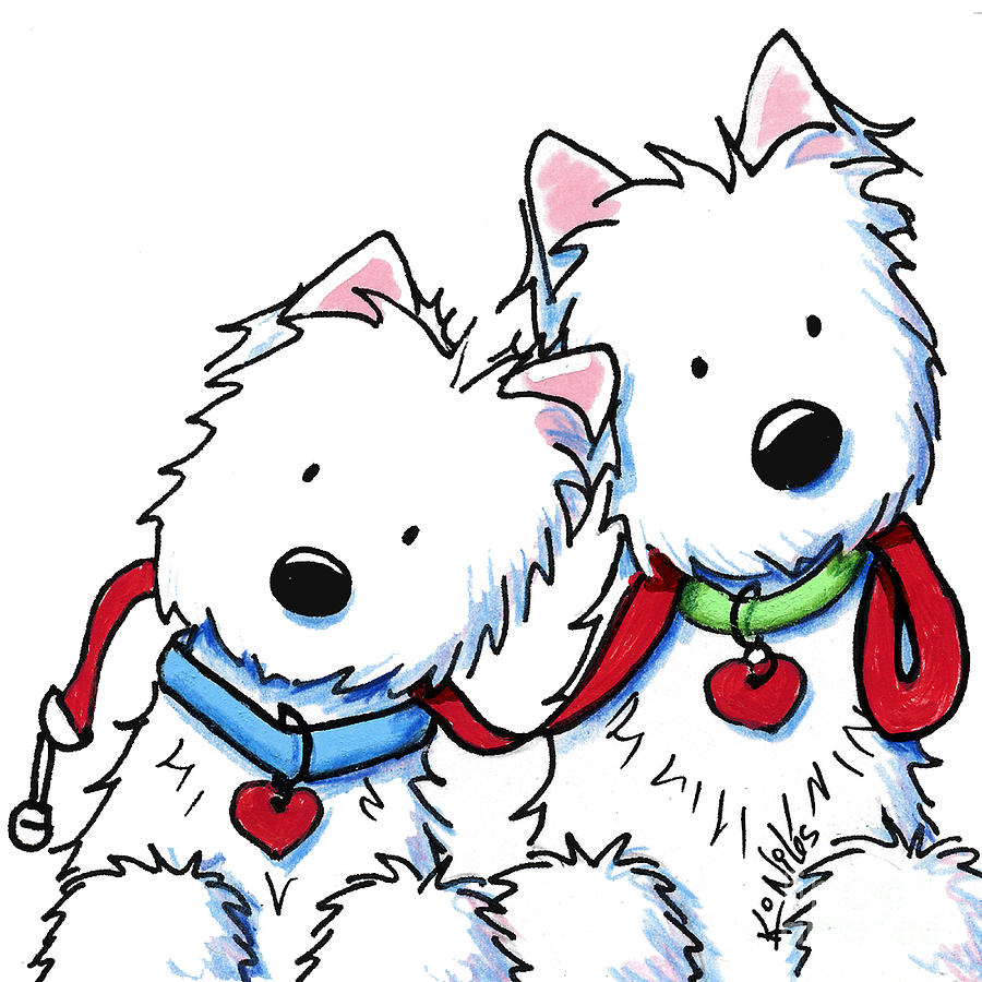 Westie Dog Park Duo Drawing by Kim Niles aka KiniArt