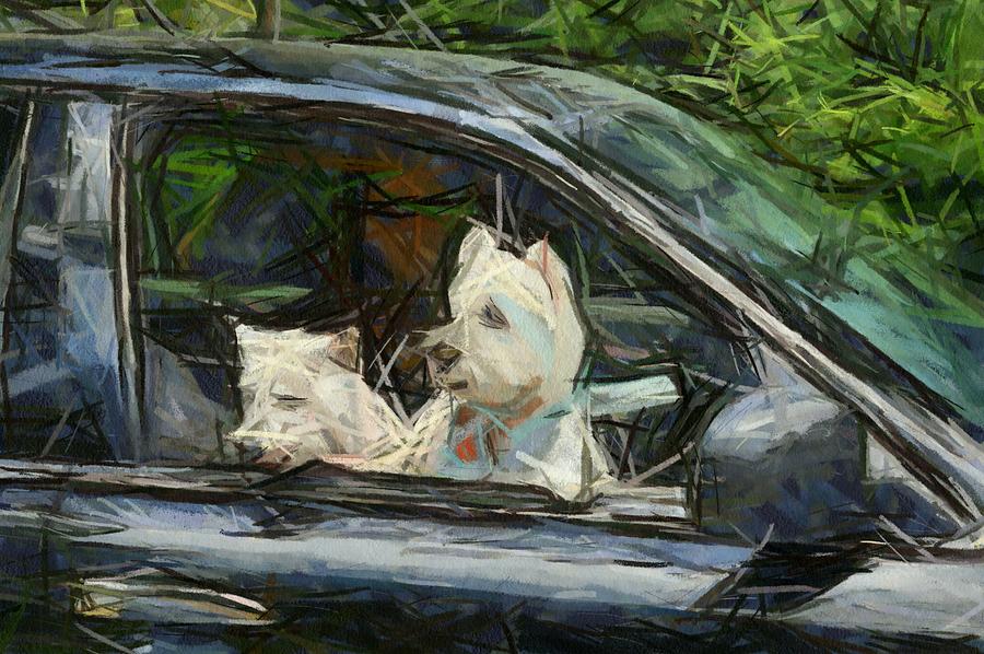 Westies going for a ride Digital Art by Carrie OBrien Sibley