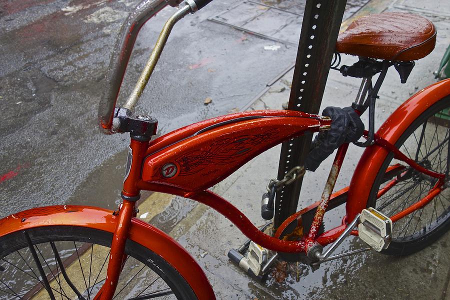 New York City Photograph - Wet Orange Bike   NYC by Joan Reese