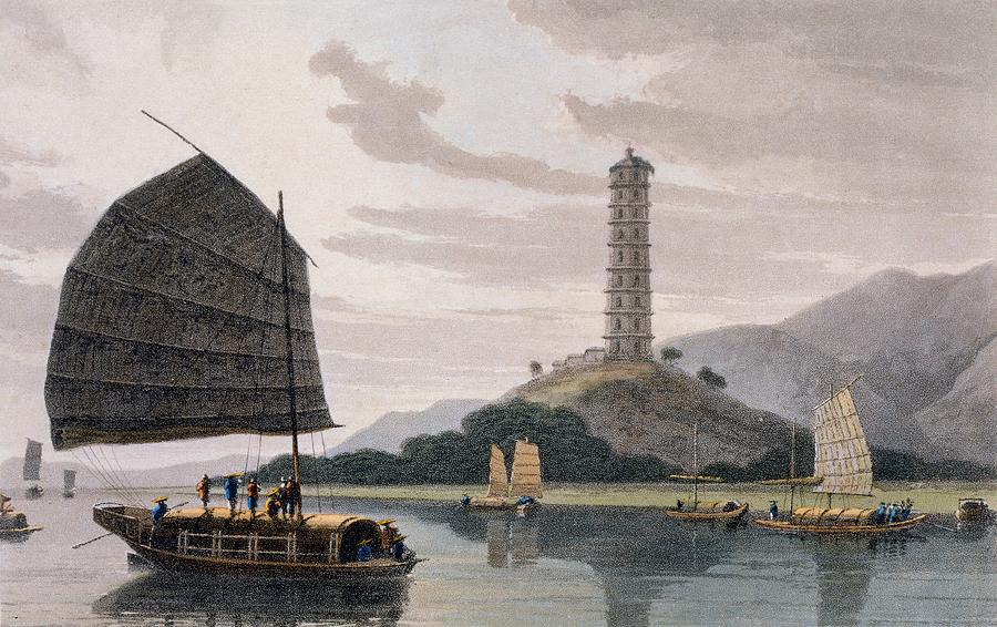 Architecture Painting - Wham Poa Pagoda, With Boats Sailing by Thomas and William Daniell