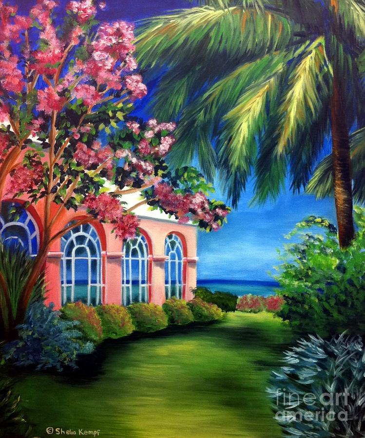 What A View - Barbados Royal Pavilion - Palm Terrace Restaurant Painting by Shelia Kempf
