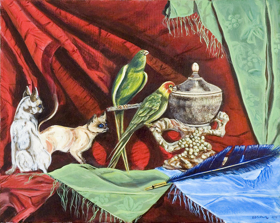 Parakeet Painting - What new pussycats by Susan Culver