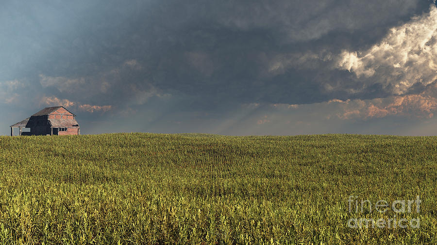 Barn Digital Art - Wheatfield and Barn with Approaching Storm by Fairy Fantasies