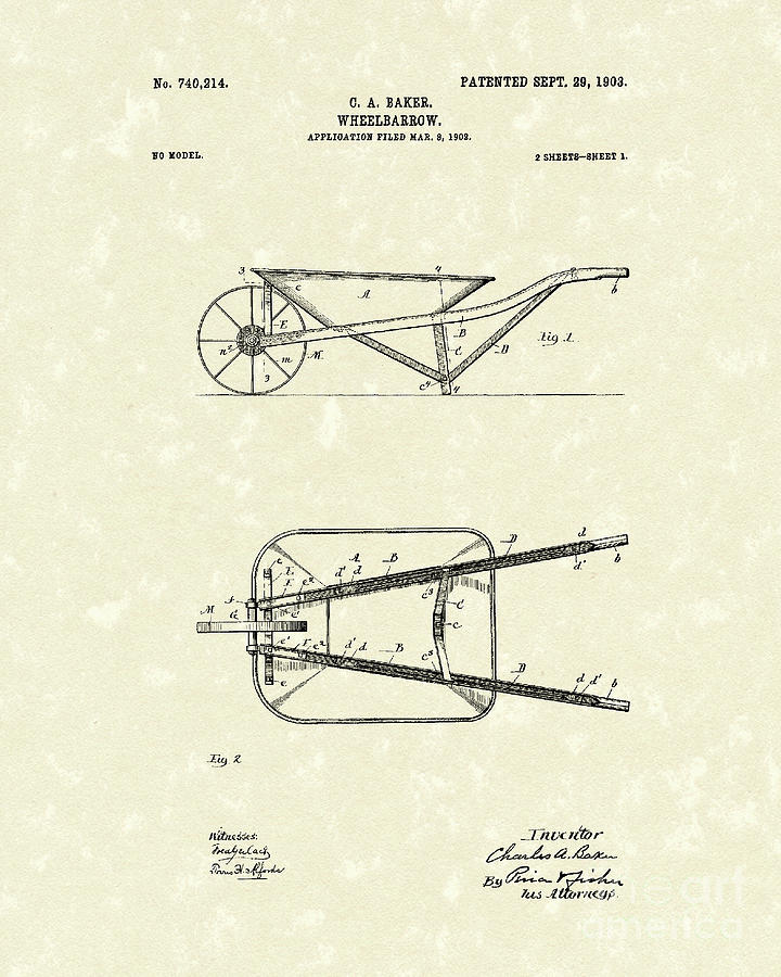 Wheelbarrow 1903 Patent Art Drawing by Prior Art Design