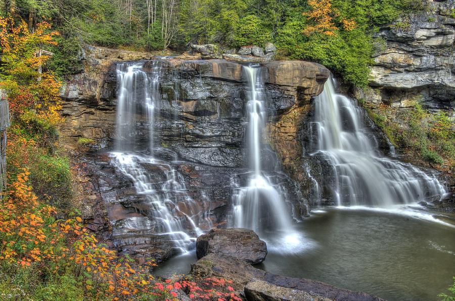 Tree Photograph - When Light and Water Falls-2A Three Cascades Over Blackwater Falls State Park WV Autumn Mid-Morning by Michael Mazaika