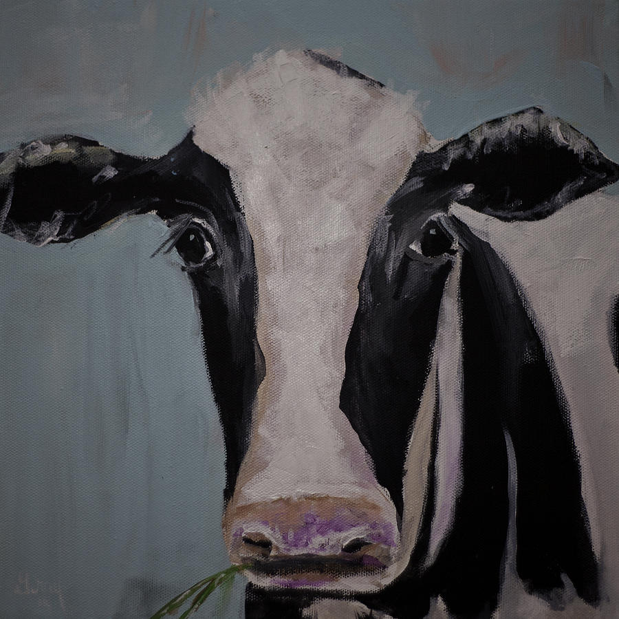 Cow Portrait Painting - Whimisical Holstein Cow Original Painting on Canvas by Gray  Artus
