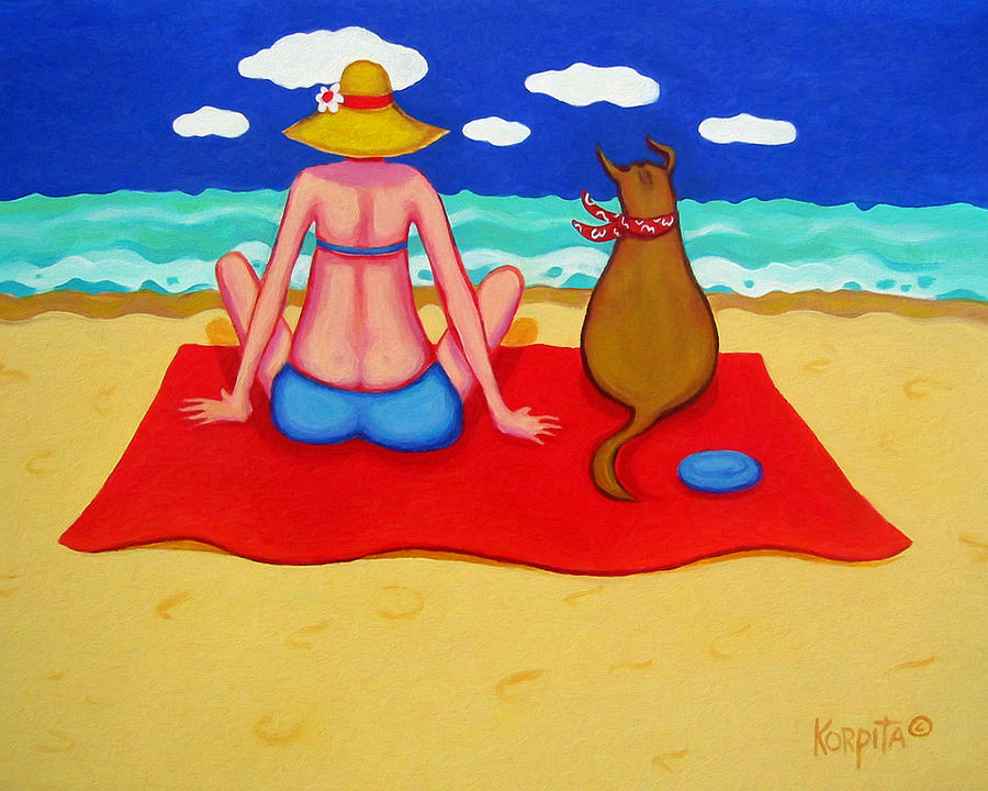 Whimsical Beach Painting - Whimsical Beach Seashore Woman and Dog by Rebecca Korpita