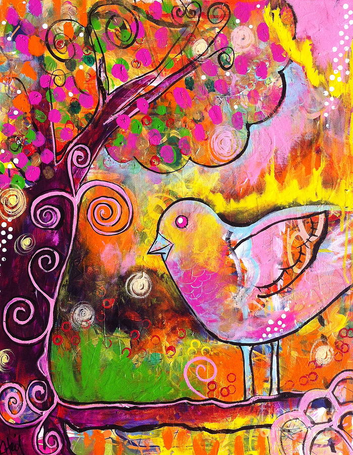 Whimsical Bird on a Branch Painting by Kim Heil