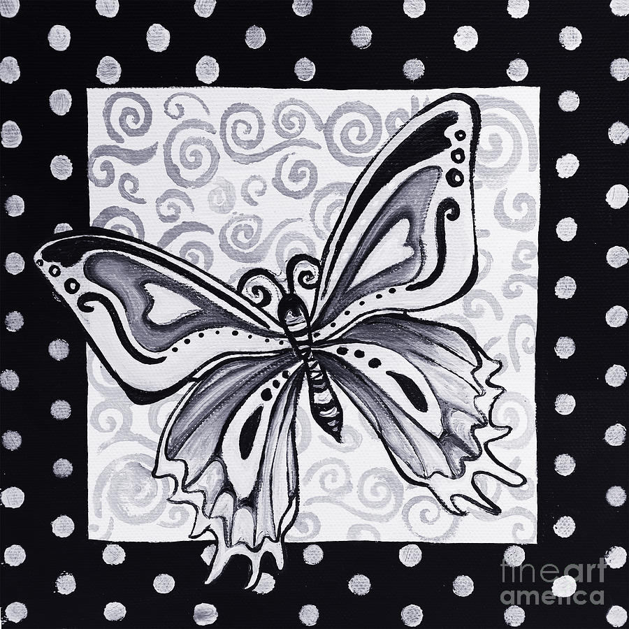 Pattern Painting - Whimsical Black and White Butterfly Original Painting Decorative Contemporary Art by MADART Studios by Megan Aroon