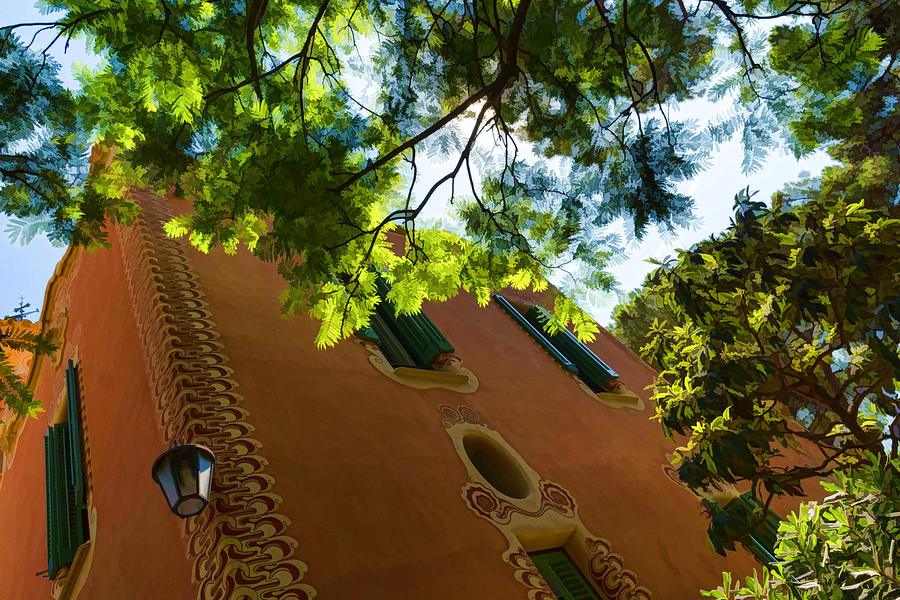 Whimsical Building Through the Trees - Impressions Of Barcelona Digital Art by Georgia Mizuleva