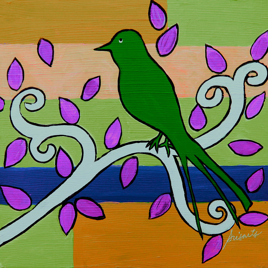 Whimsical Green Bird Painting by Pristine Cartera Turkus