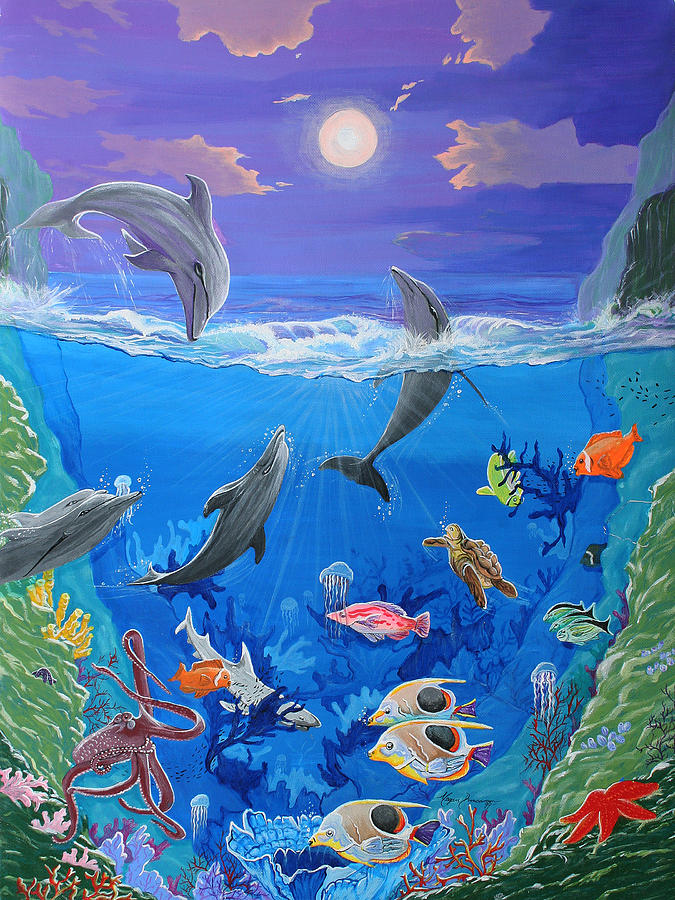 Abstract Painting - Whimsical Original Painting UNDERSEA WORLD Tropical Sea Life Art by MADART by Megan Aroon