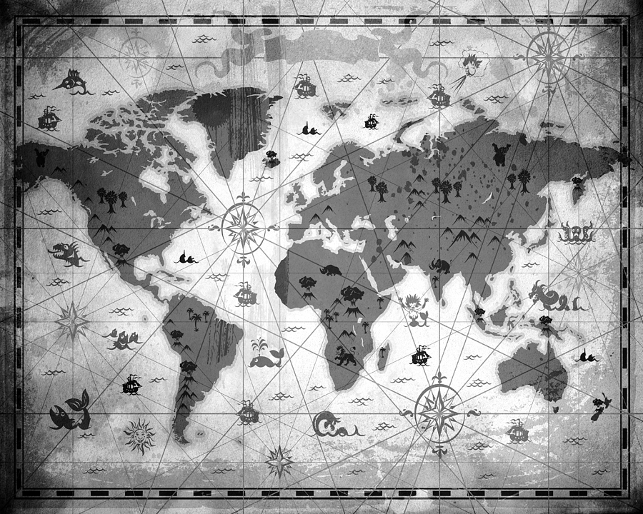 Whimsical World Map BW Mixed Media by Angelina Tamez