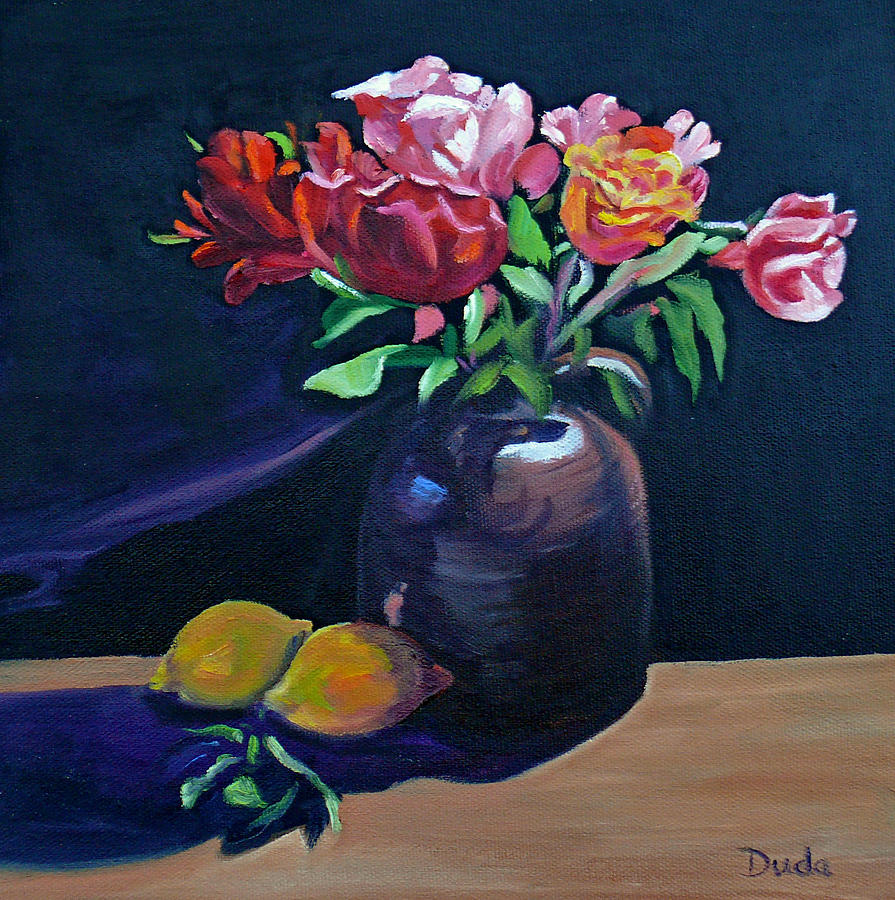 Whiskey Jug Roses with Lemons Painting by Susan Duda