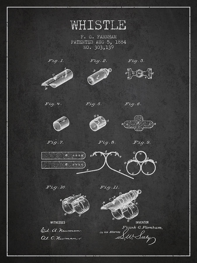 Vintage Digital Art - Whistle Patent from 1884 - Charcoal by Aged Pixel