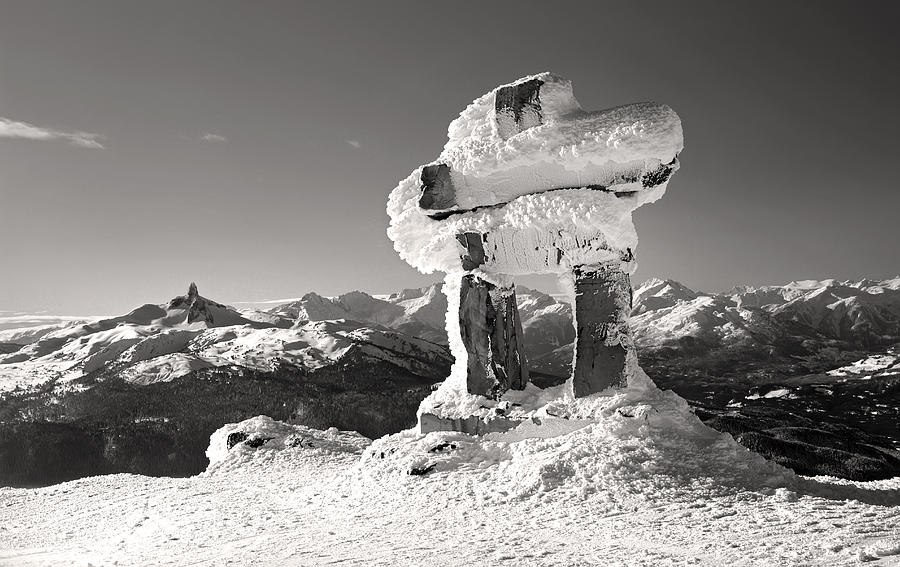 Black And White Photograph - Whistler summit Inukshuk Black and White by Pierre Leclerc Photography