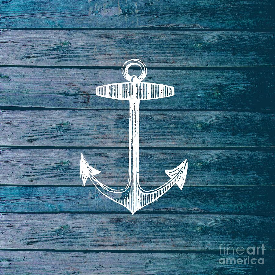 White anchor on blue wood-look graphic Digital Art by Li Or | Fine Art ...