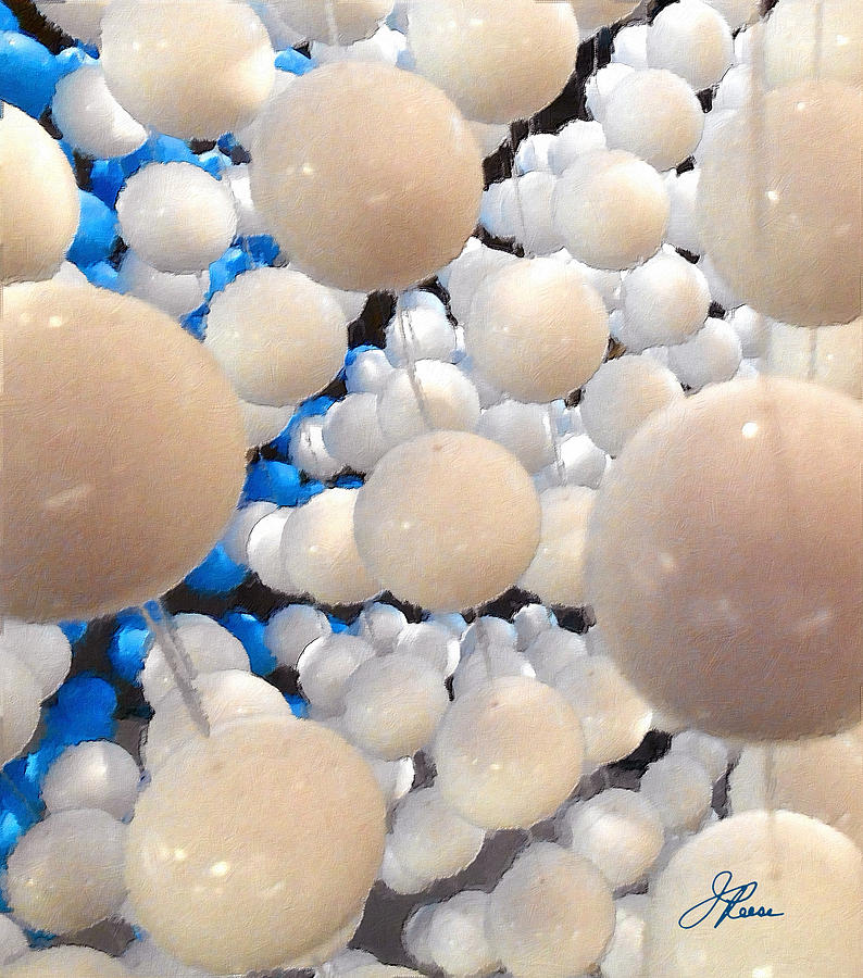 White and Blue Floating Balls Painting by Joan Reese