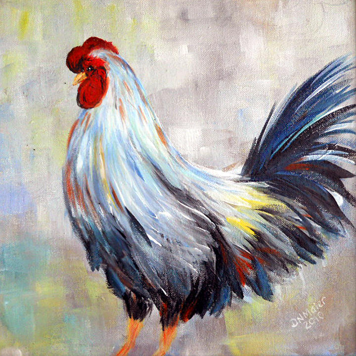 Rooster Painting - White and Blue Rooster by Dorothy Maier