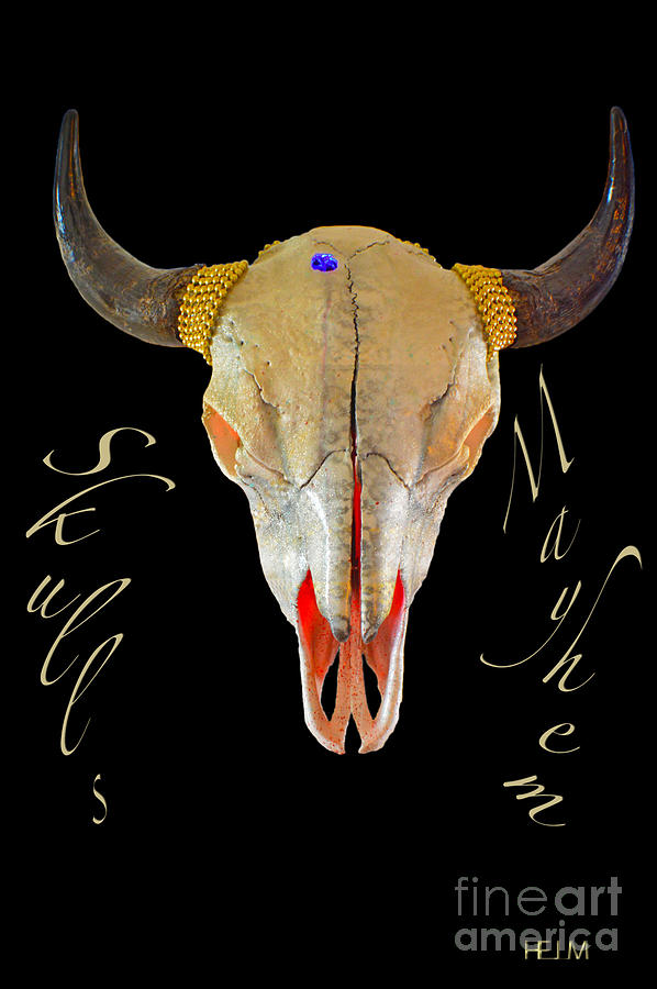 White and Gold Illuminating Buffalo Skull Mixed Media by Mayhem Mediums