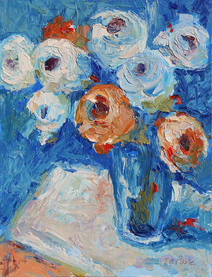 White and Orange Roses in Sea of Blue oil painting Bertram Poole Painting by Thomas Bertram POOLE