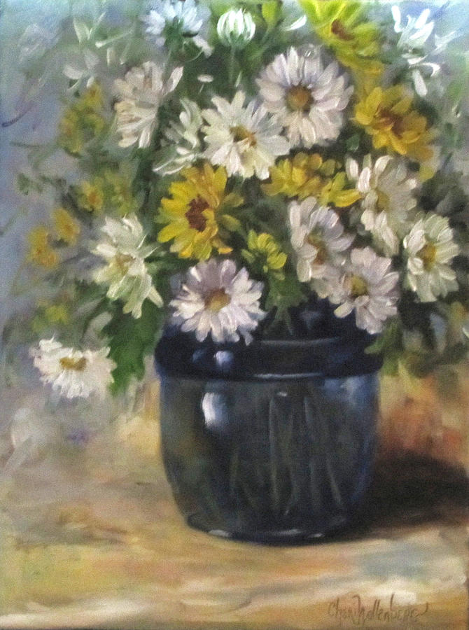 White and Yellow Daisies Still Life Painting by Cheri Wollenberg