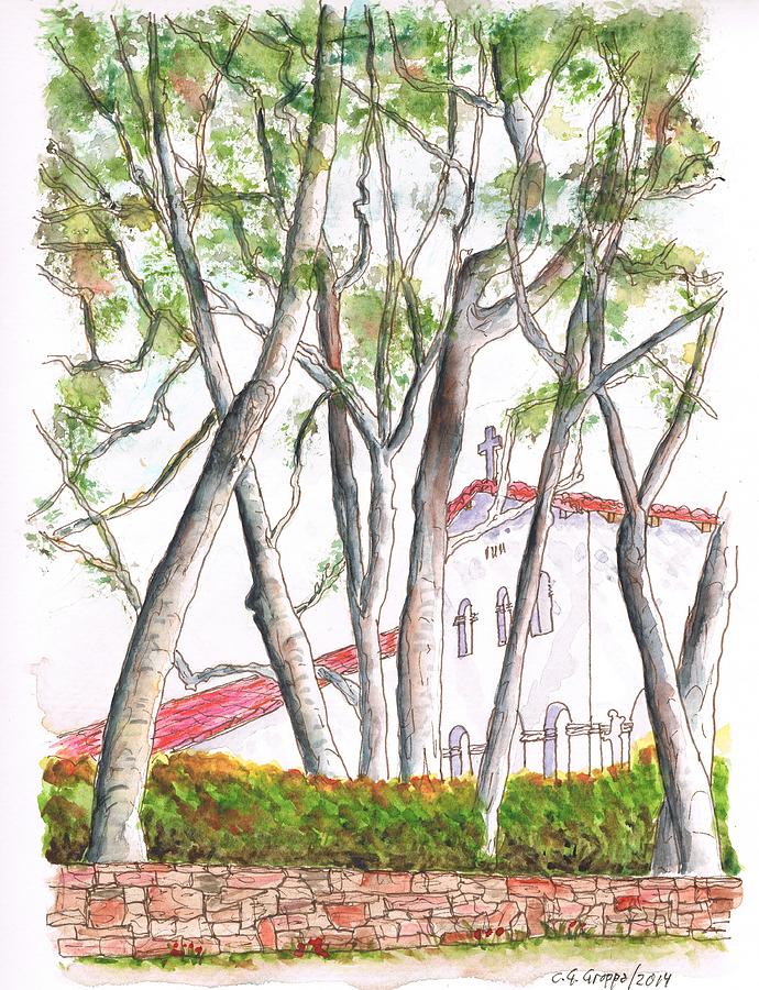 White Birch Trees In San Luis Obispo Mission, San Luis Obispo, California Painting