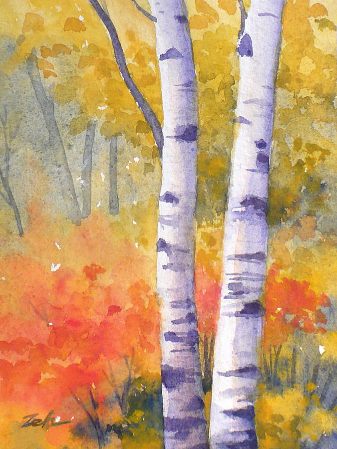 White Birches in Autumn Painting by Janet Zeh