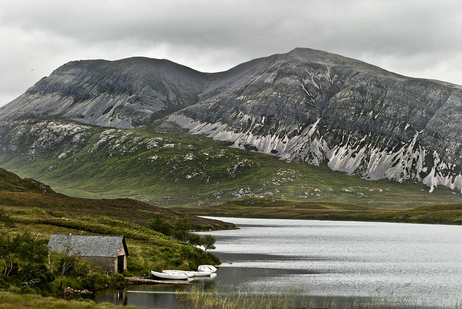 White Boats at Peace on Loch Stack at Ben Arkle in West Sutherland Scotland Photograph by Sally Ross