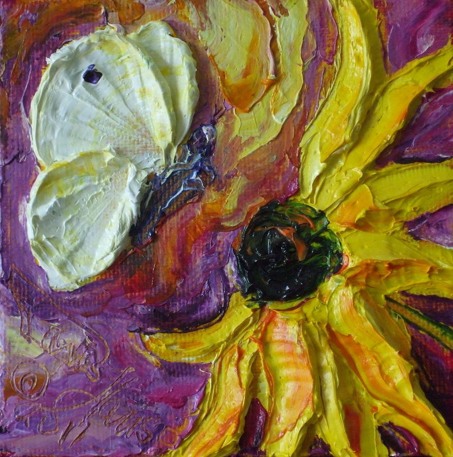 White Butterfly and Yellow Flower Painting by Paris Wyatt Llanso