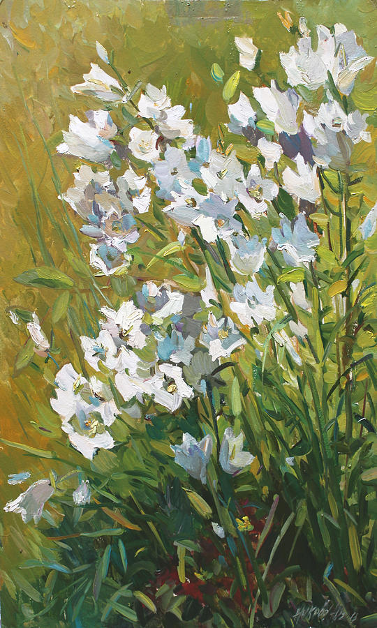 White campanulas Painting by Juliya Zhukova