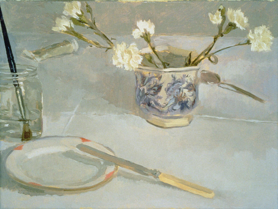 Still Life Photograph - White Carnations In January Oil On Canvas by Sarah Butterfield