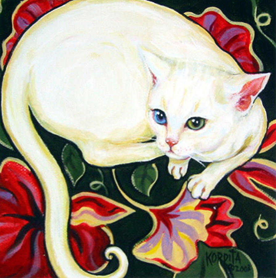 White Cat on a Cushion Painting by Rebecca Korpita
