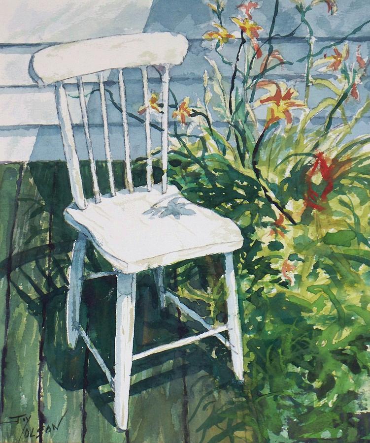 White chair and Day Lilies Painting by Joy Nichols