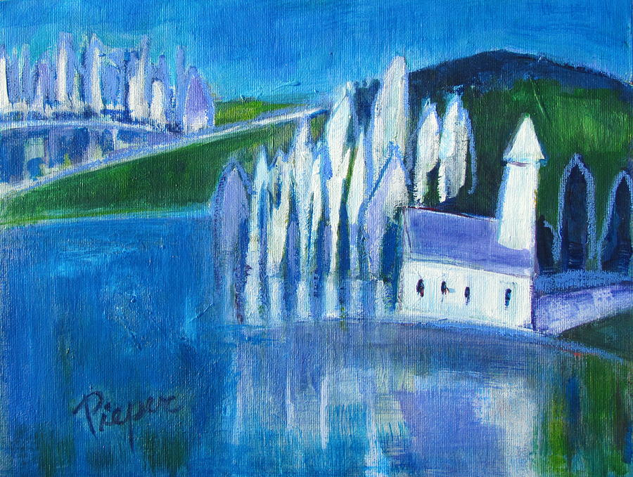 White Church and White Trees with Blue and Green Painting by Betty Pieper