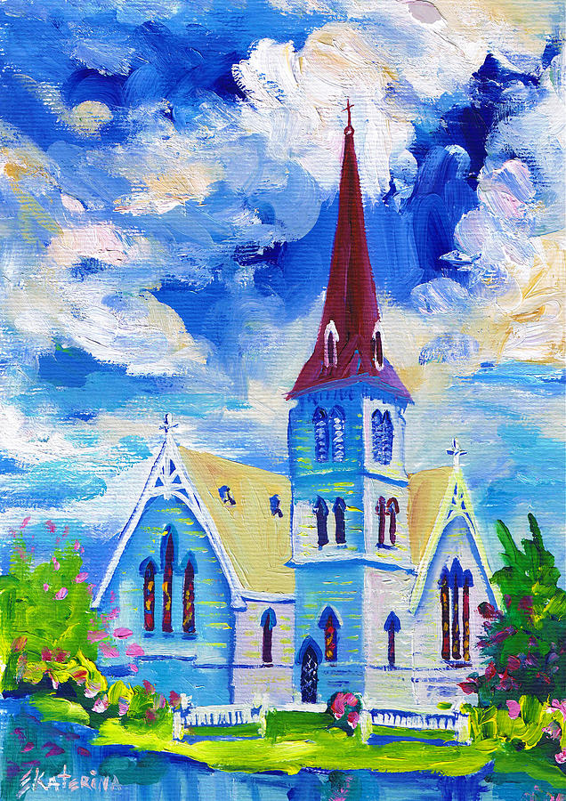 Easter Painting - White Church Blue Sky by Ekaterina Chernova