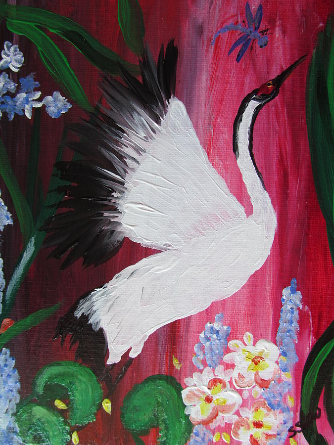 White Crane dances Painting by Susan Voidets